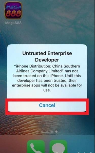 Screenshot of the untrusted developer pop-up at Mega888