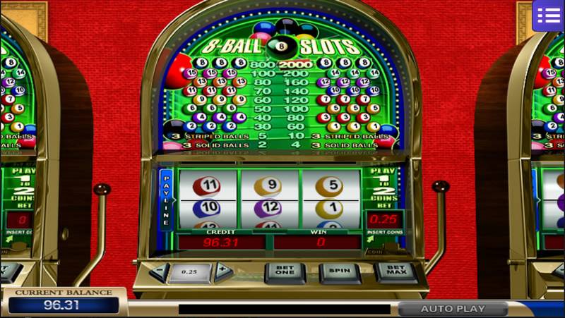 Illustration of a 8-ball slots machine containing different symbols of solid and striped balls
