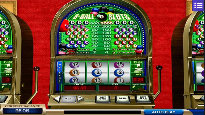 Illustration of a 8-ball slots machine containing different colors to help distinguish symbols