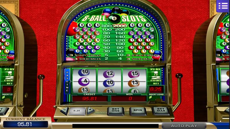 Illustration of a 8-ball slots machine containing different colors to help distinguish symbols