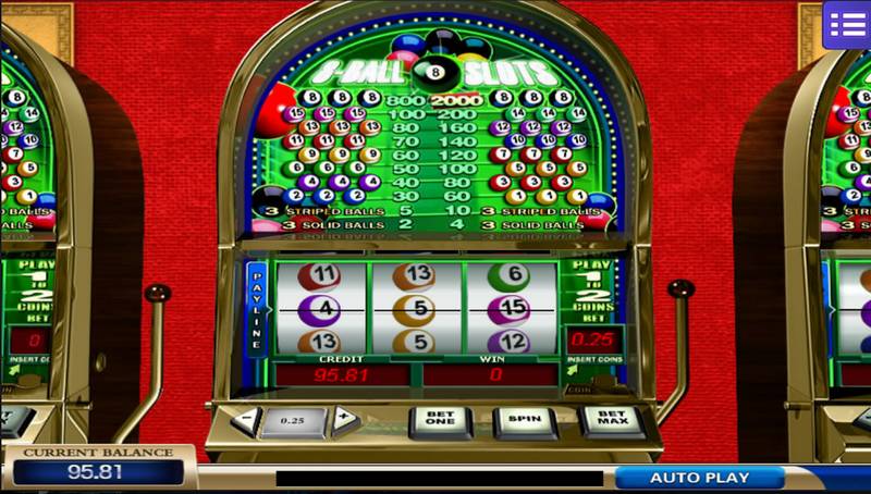Illustration of a 8-ball slots machine containing different colored symbols for recognition