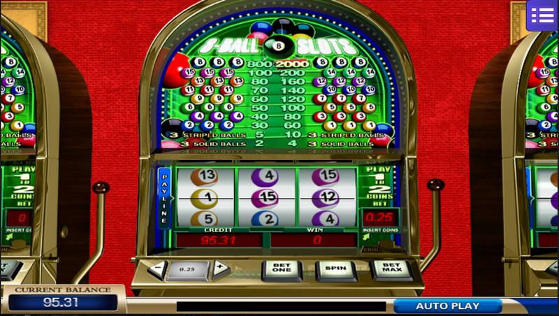 Illustration of a 8-ball slots machine containing different values for solid and striped balls